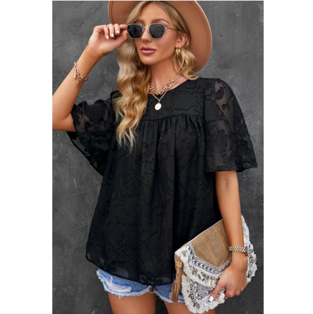NWOT Round Neck Flutter Sleeve Lace Blouse Double Layer Women Blouses